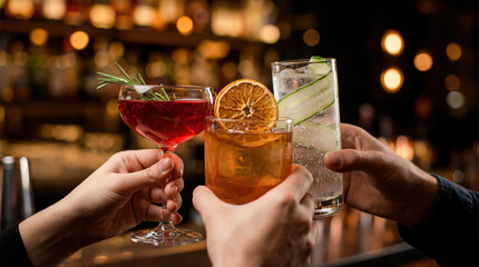 Three hands clink elegant zero-proof cocktails garnished with herbs and fruit, symbolizing modern alcohol-free nightlife for young adults.