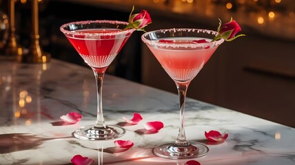 Romantic pink martini cocktails on marble bar counter