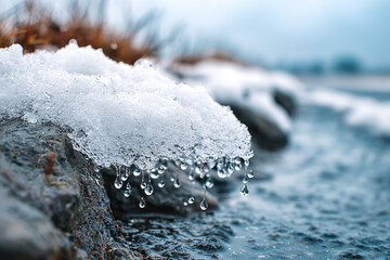 Close view of snow melting into water droplets near a rocky shoreline during early spring