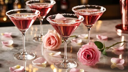 Two pink Valentine's drinks with roses on luxury bar top