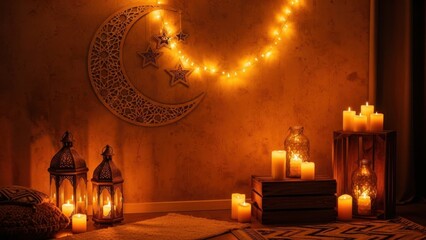 Heart shaped candle arrangement on orange wall