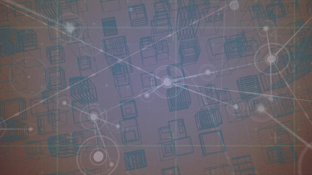 Animation of network of connections with people icons over purple shape and cityscape