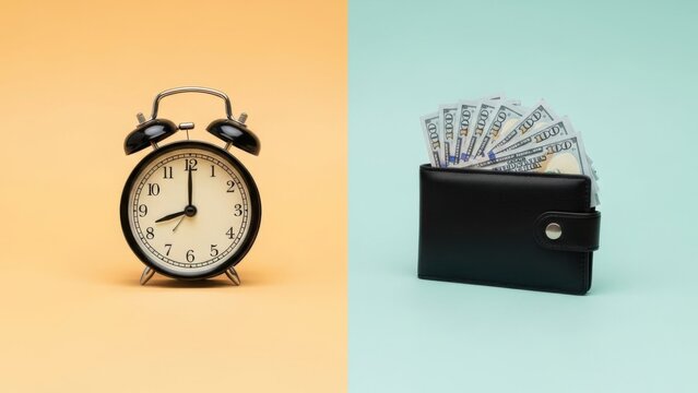 Alarm clock and coin box on split color background