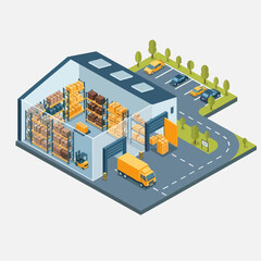 Warehouse with Truck and Storage Shelves.