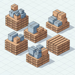 Stacked Boxes on Wooden Pallets Isometric View.