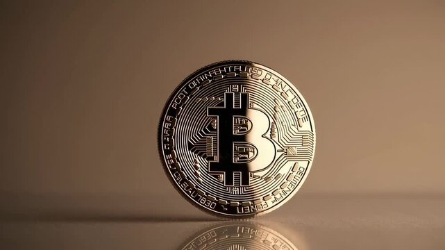 Golden bitcoin cryptocurrency gently rotating on pristine white surface, generating dynamic light reflections and subtle shadowing, emphasizing digital asset's luminous metallic finish