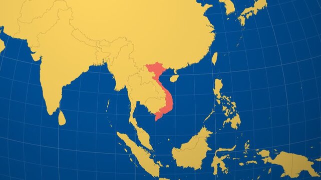 Vietnam on Globe. Animated zoom into the country in Ocean Blue Golden Yellow color palette. Vietnam logo animation. Map with meridians, parallels. Creative video.