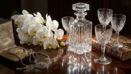 Elegant Crystal Decanter with Glassware and Flowers