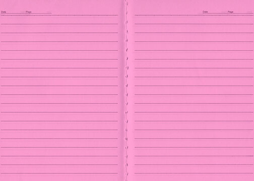 Pink lined paper diary background. Open notebook paper texture. Bound pages.  