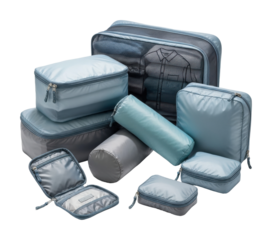 Organizing travel essentials packing cubes in light blue home product isolated on transparent background