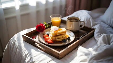 Heart pancakes on wooden tray for romantic breakfast in bed
