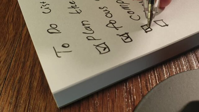 Pen ticking items on a handwritten to-do list, representing daily planning, task management, organization, and personal productivity routines on clean paper.