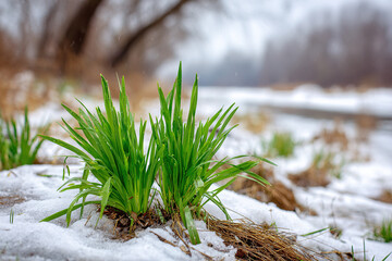 Spring begins with green grass growing among melting snow by a riverbank