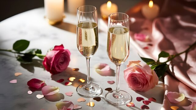 Romantic champagne toast on marble with gold heart confetti