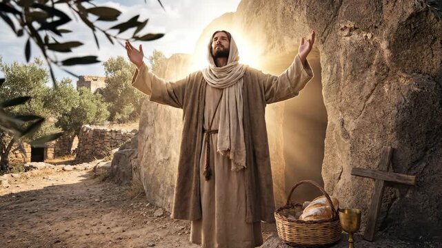 The Resurrection of Jesus: Jesus emerges from the tomb, surrounded by light. Easter morning, a concept of new life with a cross, bread, and a golden chalice of wine. God, Christianity, Orthodoxy.