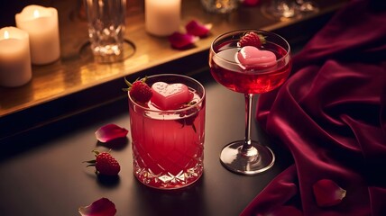 Romantic cocktail still life with heart ice and rose petals