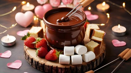 Romantic chocolate fondue platter with heart decor and candles