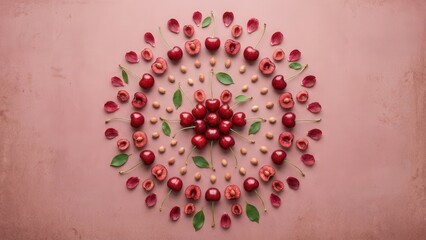 Elegant Arrangement of Red Fruits and Flowers on Pink Background
