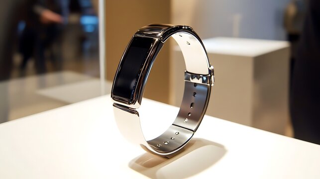 Sleek metallic fitness tracker smartwatch featuring a highly polished silver band and dark digital display presented under exhibition lighting for showcasing advanced wearable technology - Powered by Adobe