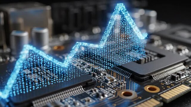 Digital data visualization shows fluctuations on a computer circuit board. Glowing blue particles form a graph indicating market changes over time.