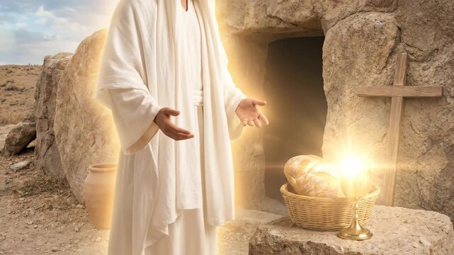 The Resurrection of Jesus: Jesus emerges from the tomb, surrounded by light. Easter morning, a concept of new life with a cross, bread, and a golden chalice of wine. God, Christianity, Orthodoxy.