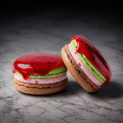 [AI] Strawberry Glazed Macarons on Marble Background