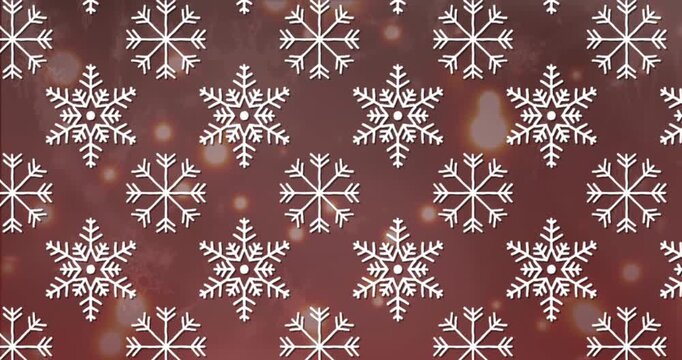 Animation of snowflakes icons in seamless pattern over spots of light against red background