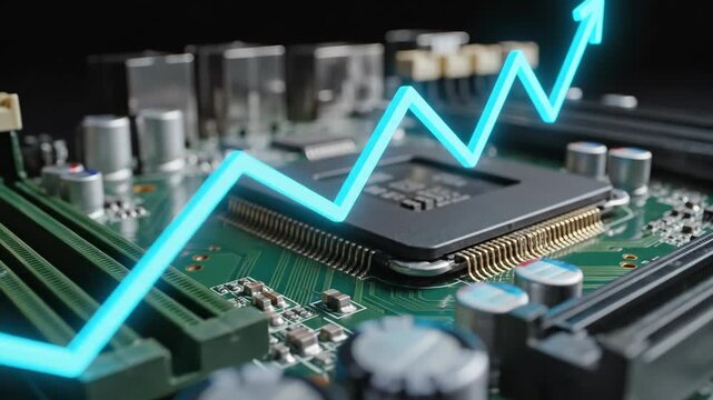 Blue glowing arrow representing business growth rising from computer motherboard for financial success and digital trend concept