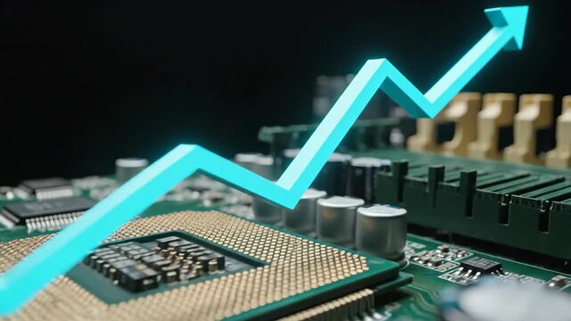 Blue growth arrow indicating success on computer circuit board. Business financial data or technological progress concept.