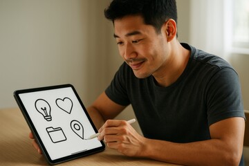 Man using tablet with stylus to draw interface icons like lightbulb, heart, folder, and location pin in creative workspace with soft background light. Ai generative