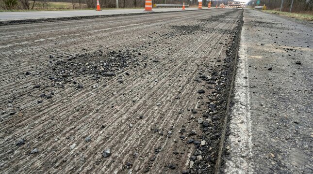 Scarified milled asphalt road surface prepared for resurfacing construction