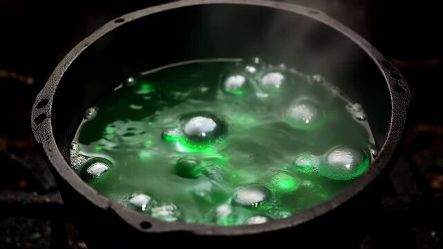 Magic potion boiling in a cauldron with steam rising. Halloween witchcraft concept.