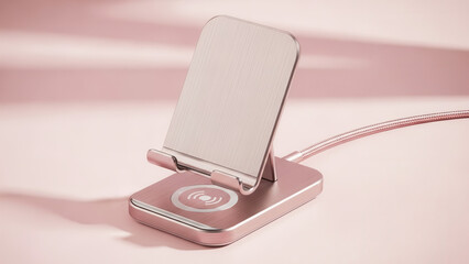 Elegant phone holder with a built-in wireless charging pad, designed for both functionality and style, displayed on a light pink background with soft shadows