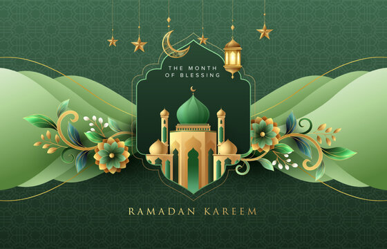 Wavy green Ramadan Kareem banner design with gold ornament moon, star, flowers and lanterns on green Islamic pattern background. Raya and ramadan template design banner and greeting cards.