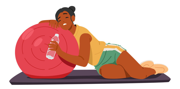Tired exhausted woman athlete cartoon character feeling thirsty drinking water lying on fitness ball