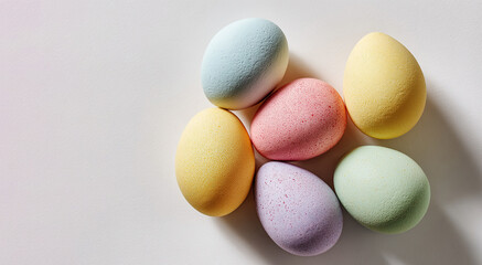 Colorful pastel eggs arranged on a flat surface during Easter celebration preparations in a cozy setting