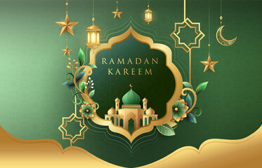Elegant Ramadan Kareem design on green background with gold ornament star, moon, flowers and lanterns. Raya and ramadan template design for poster, banner and greeting cards.