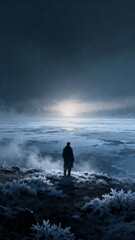 Surreal landscape of a lone silhouette standing before a glowing horizon over a sea of clouds, generative AI.