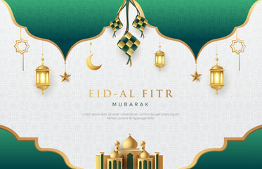 Classy Ramadan Kareem greeting design on white background with ketupat, mosque, gold ornament star, moon and lanterns. Suitable for raya and ramadan template concept.