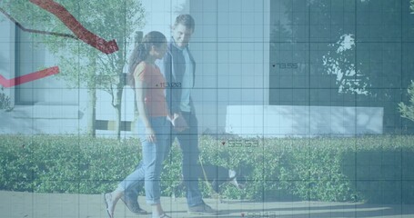 Animation of statistical data processing over caucasian couple taking their dog on a walk together - Powered by Adobe