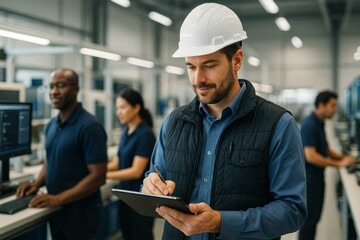 Engineer in safety helmet writing on digital tablet in modern industrial lab with team of technicians working on computers in background. Ai generative