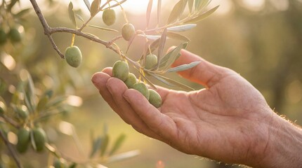 Close-up of a hand gently touching ripening green olives on an olive tree branch in warm, golden sunlight