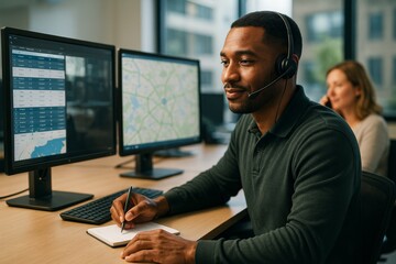 Customer service agent working at control center monitoring data and maps on dual screens while taking notes at desk in modern office environment. Ai generative