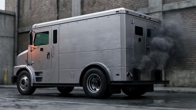 A silver truck is parked in an industrial area. Black smoke is coming from the exhaust, filling the air. Surrounding walls are made of gray bricks. The setting shows urban elements