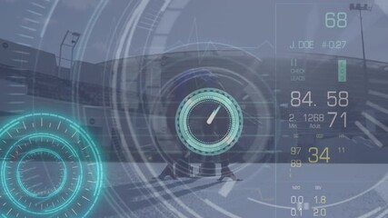 Animation of data processing over caucasian male runner and clock - Powered by Adobe