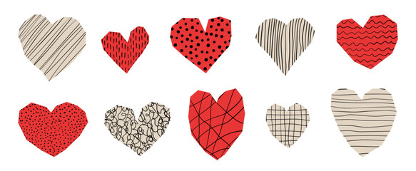Hand drawn scribble cutout heart shapes collage vector abstract design elements for Valentine's day, wedding scrapbook stickers
