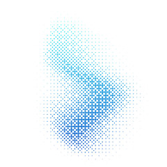 Halftone dotted blue gradient smoke spot. Isolated vector dither textured liquid fluid splash abstract design element
