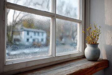 Window with condensation and a small plant during a soft spring morning