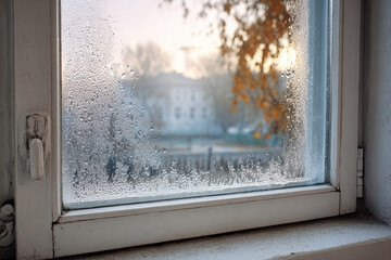 Window shows condensation in soft light during spring morning hours