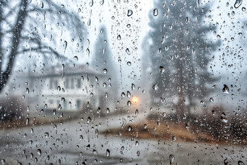Window covered with water droplets showing a house and trees on a gray day during the rain